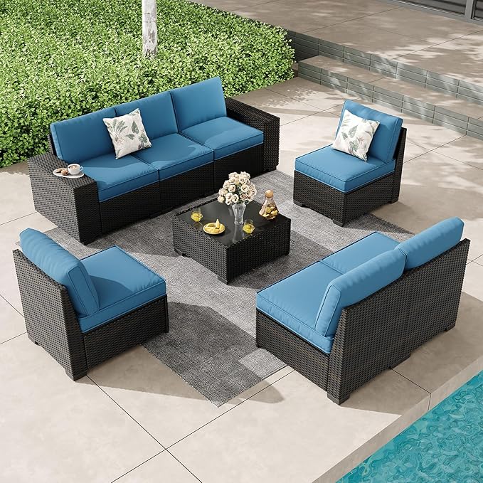 6 Pieces Outdoor Patio Furniture Set, Wicker Conversation Sets with Tea Table
