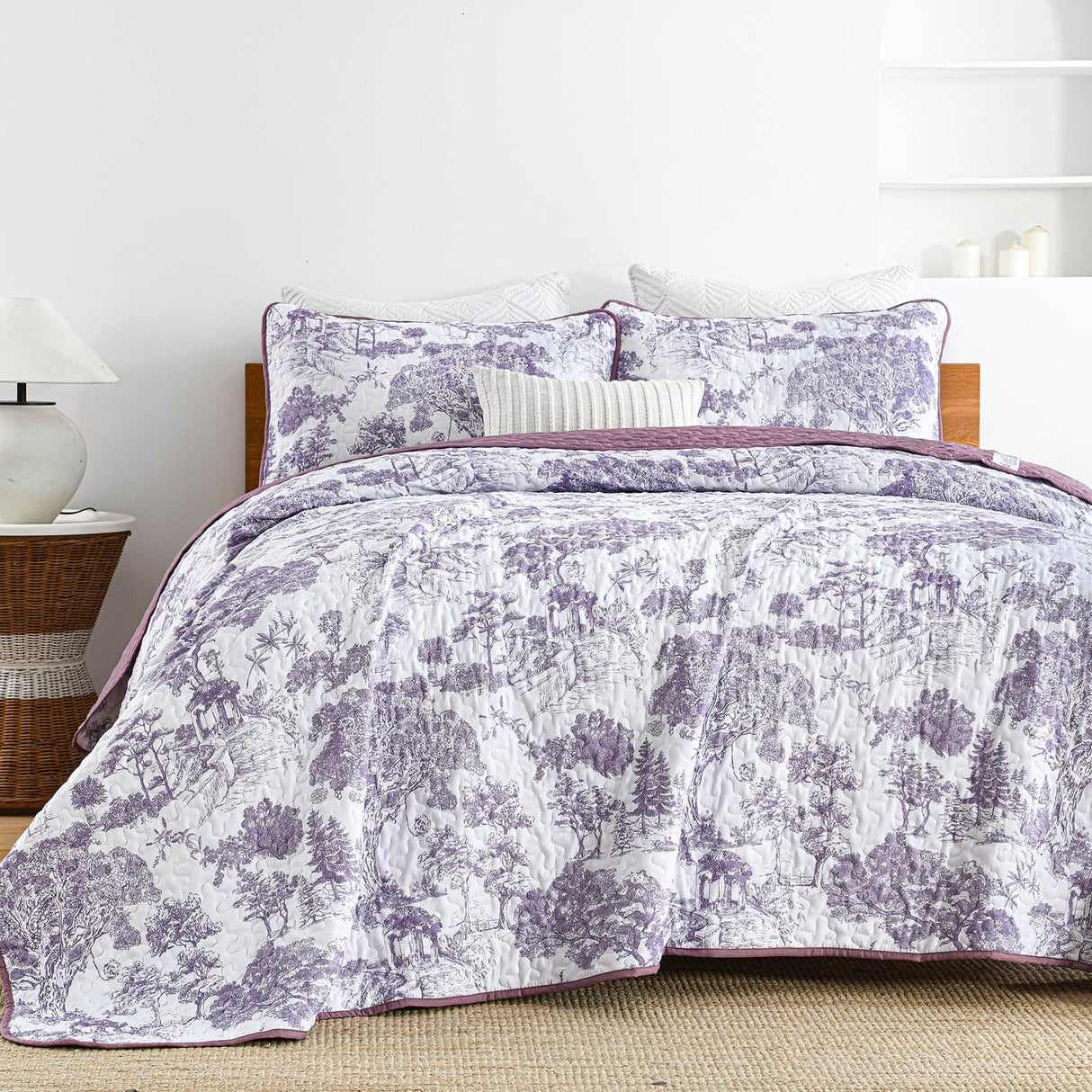 Botanical Quilt Set Queen Size, Purple 3 Pieces Floral Plants Printed