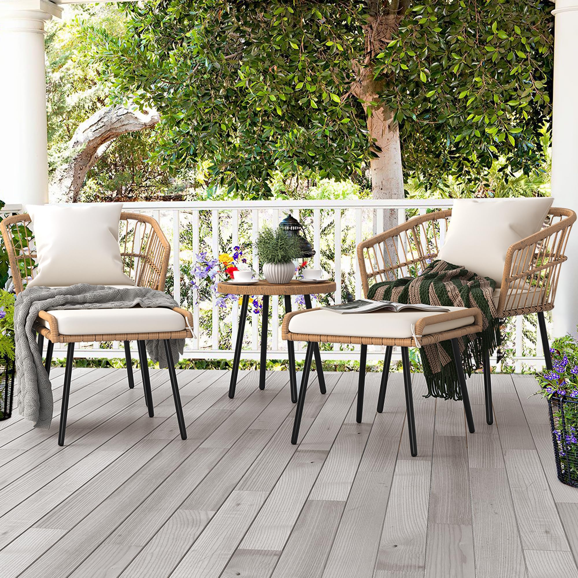 2-Piece Outdoor Wicker Ottoman, All-Weather Patio Rattan Foot Rest