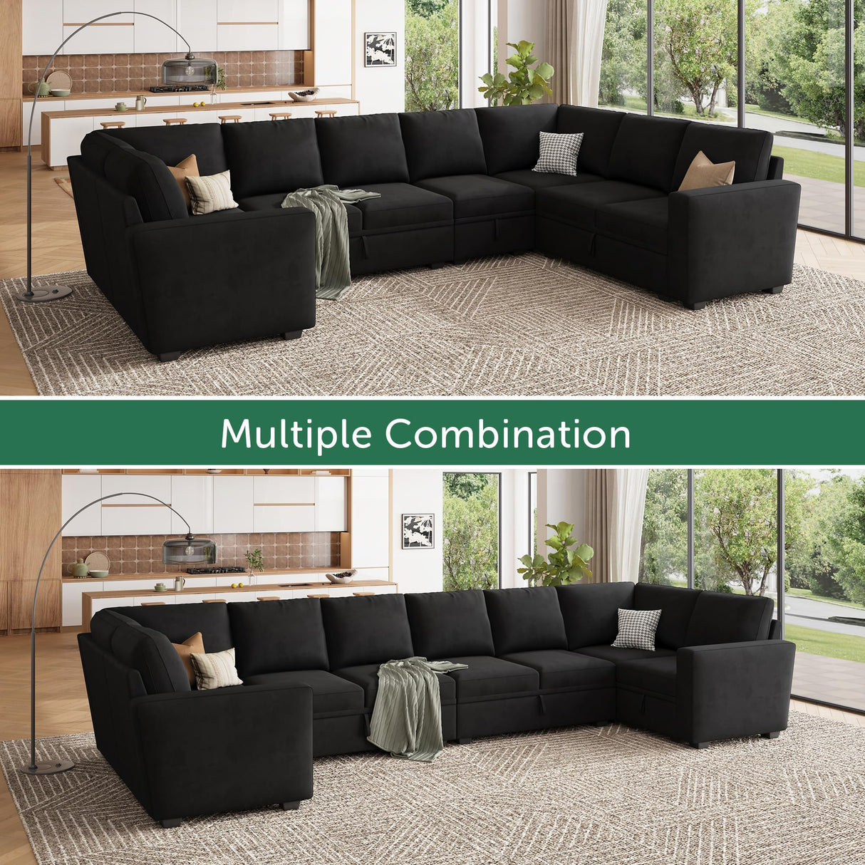 Modular Sectional Couch with Storage, Velvet U-Shaped Sectional Sofa