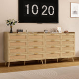 Rattan Dresser for Bedroom, 8 Drawer Dresser with Charging Station, Wide Desktop Dresser Chest of Drawers