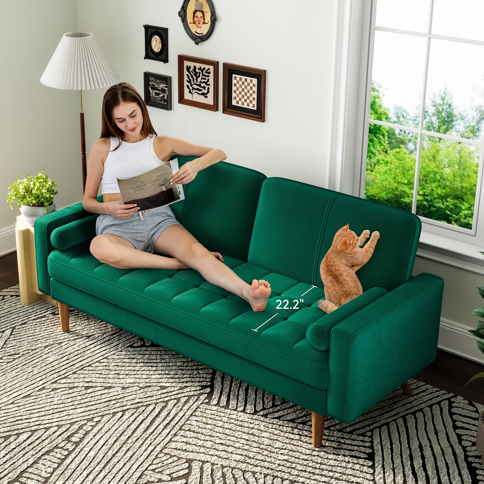 Loveseat Sofa, 70.5" Green Velvet Couch Love Seat Couches with Tufted Seat