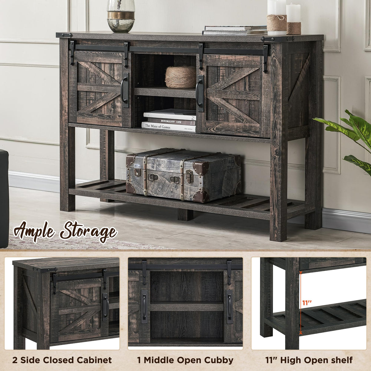 Entryway Table with Sliding Barn Doors, 46" Farmhouse Console Table with Storage Shelf