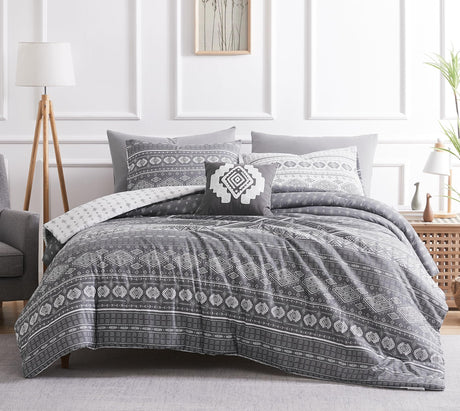 Queen Comforter Set, Boho Bed in a Bag 7PCS, Grey Reversible Aztec Pattern,