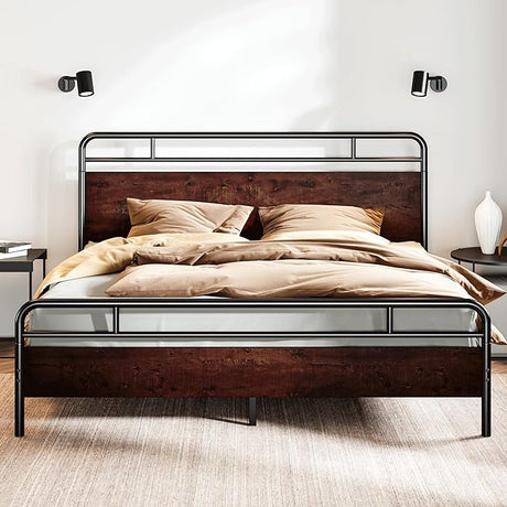 King Size Bed Frame with Wooden Headboard and Footboard, Rounded Corner Metal