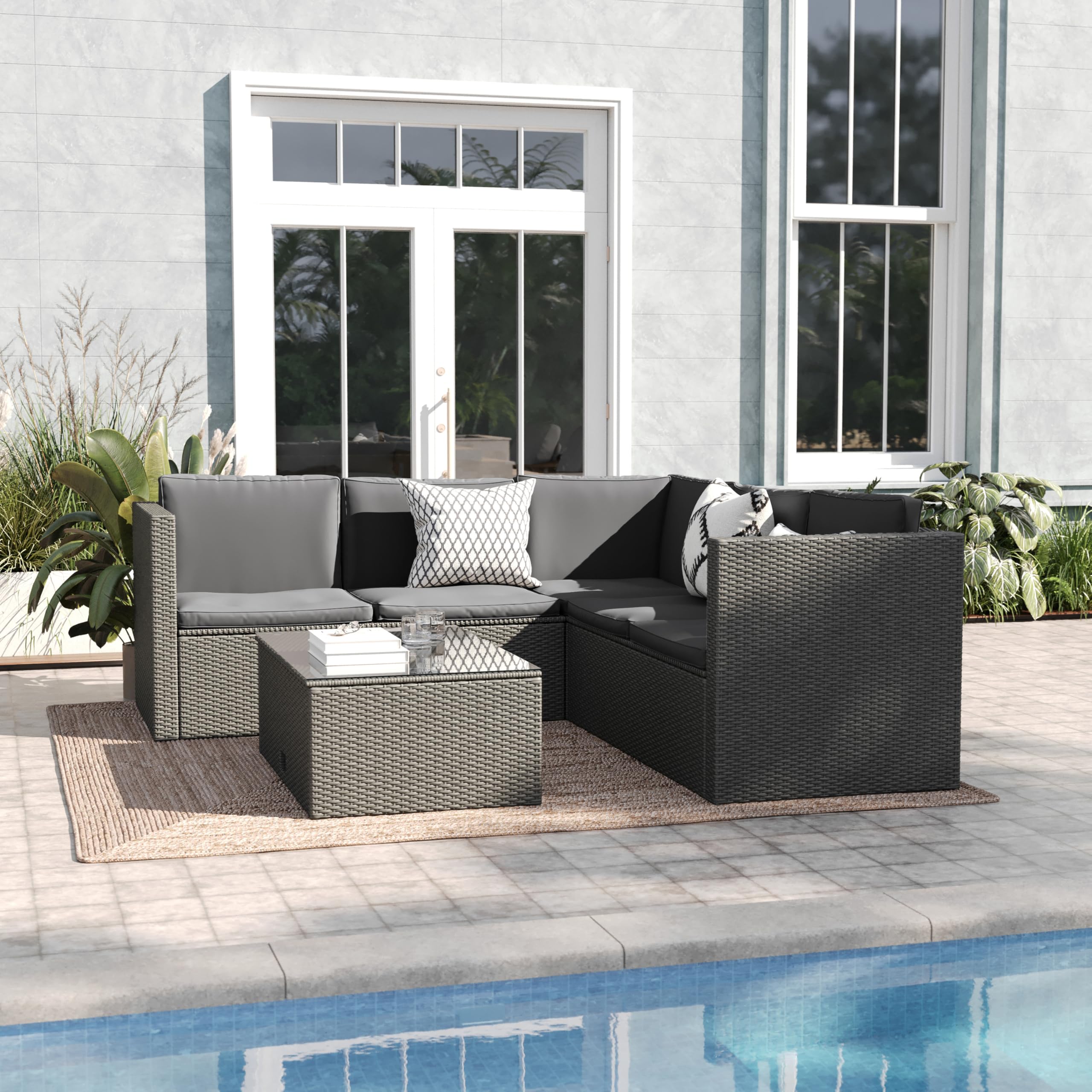 EMMA + OLIVER Beal Outdoor Sectional Couch with Table, All-Weather PE Rattan Frame, Side Lift Storage Coffee Table, Back and Seat Cushions, Gray/Gray