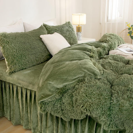 Faux Fur Sage Green Comforter Set King Size, 3 Pieces Fluffy Fuzzy Plush Bedding