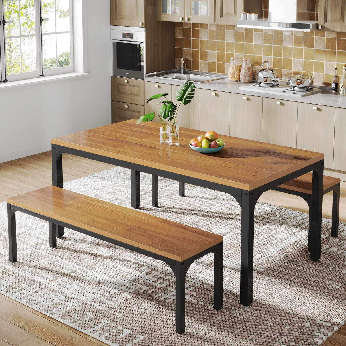 Dining Table Set for 6 People, 3 Pieces Rectangular Kitchen Table with 2 Benches,