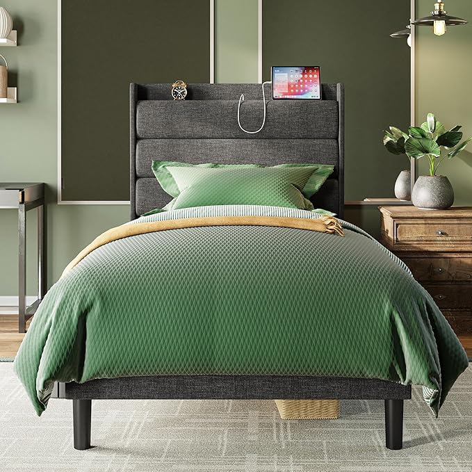 Queen Size Bed Frame, Storage Headboard with Outlets, Sturdy and Stable