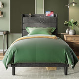 Queen Size Bed Frame, Storage Headboard with Outlets, Sturdy and Stable