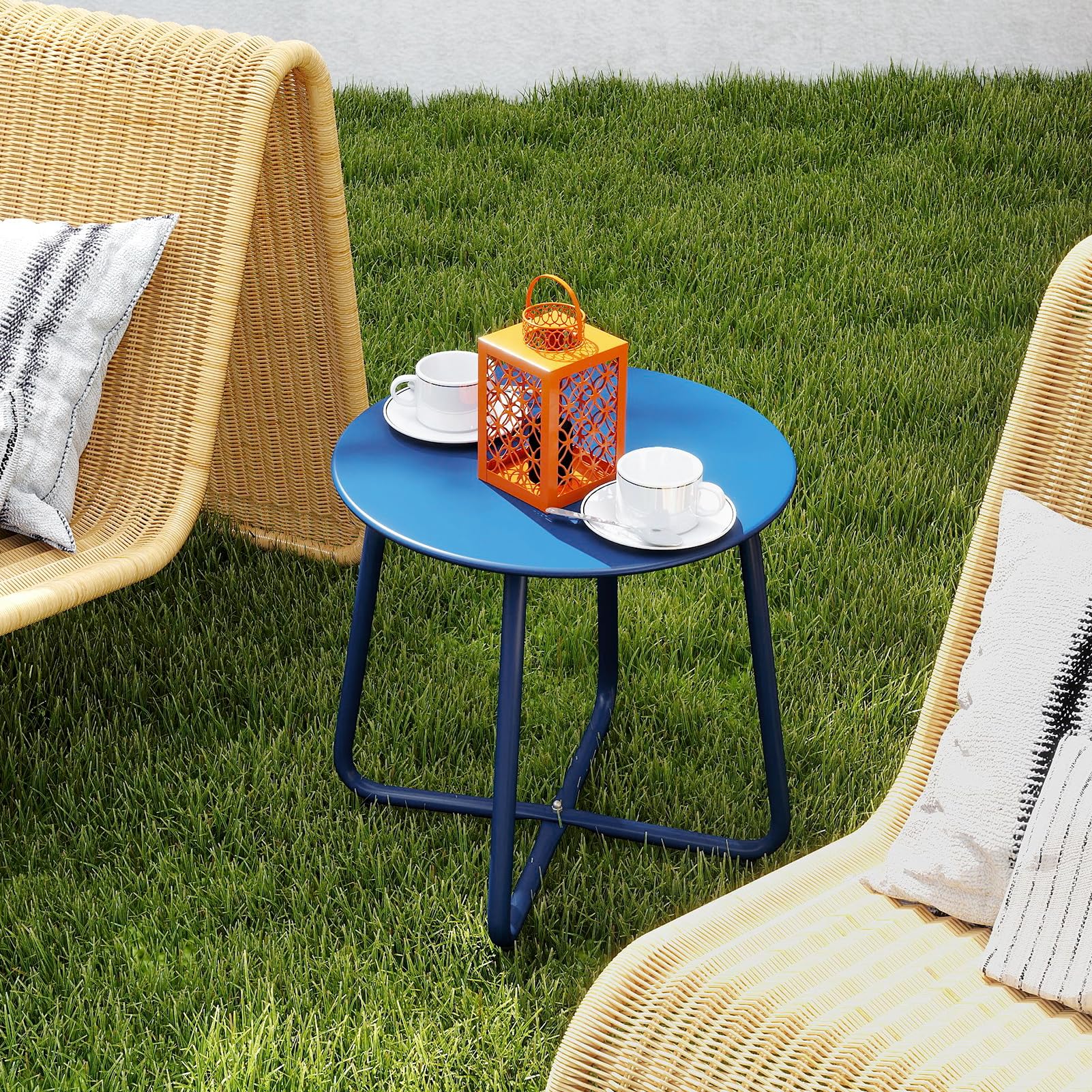 HollyHOME Round Metal Side Table, Rust - Resistant Patio Small Plant Stand, Outdoor 17.32'' Portable End Table for Balconies, Gardens, Living Rooms and Bedrooms, Navy Blue - Bircata