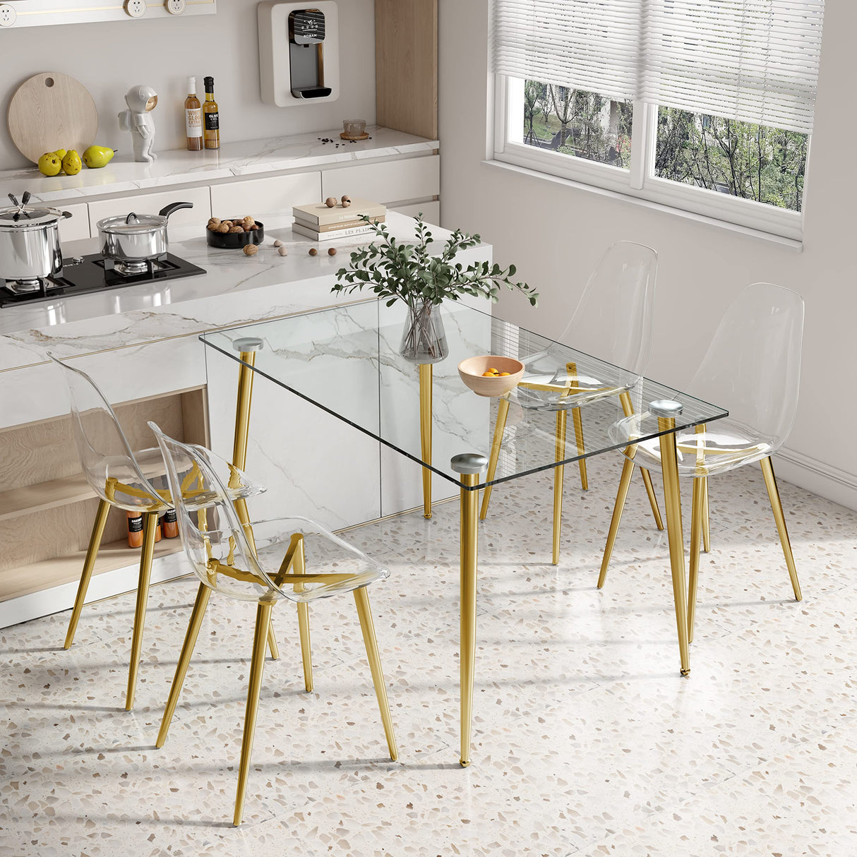 51 inch Glass Dining Table Set for 4, Dining Table & Chair Sets with Gold Plating Legs