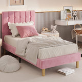 Twin Velvet Upholstered Platform Bed Frame with Headboard - Pink