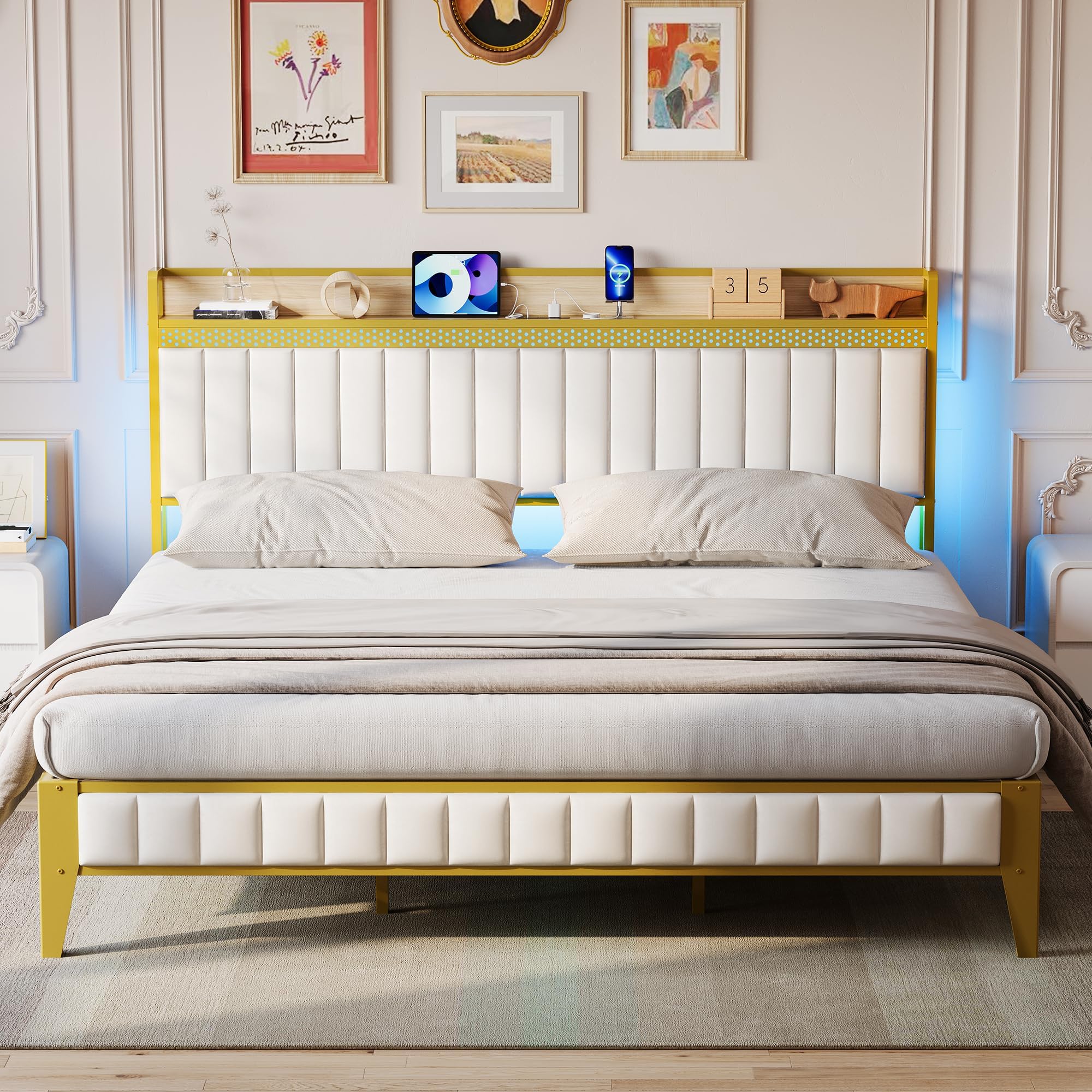 IDEALHOUSE Queen Bed Frame with Charging Station, LED Bed Frame with Storage Headboard, Upholstered Platform Bed Frame, No Box Spring Needed, Easy Assembly, White＆Gold