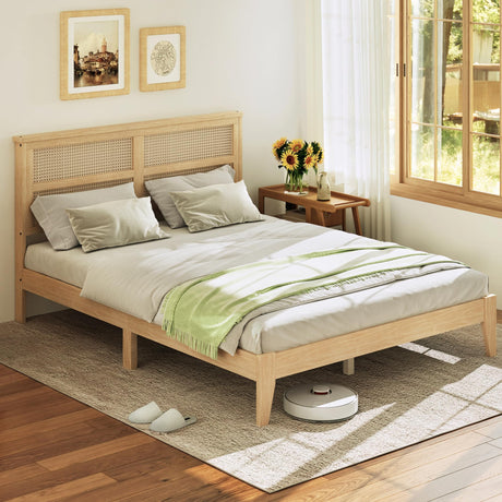 Boho Queen Platform Bed Frame with Rattan Headboard, Mid-Century Modern Bohemian Solid Wood Furniture