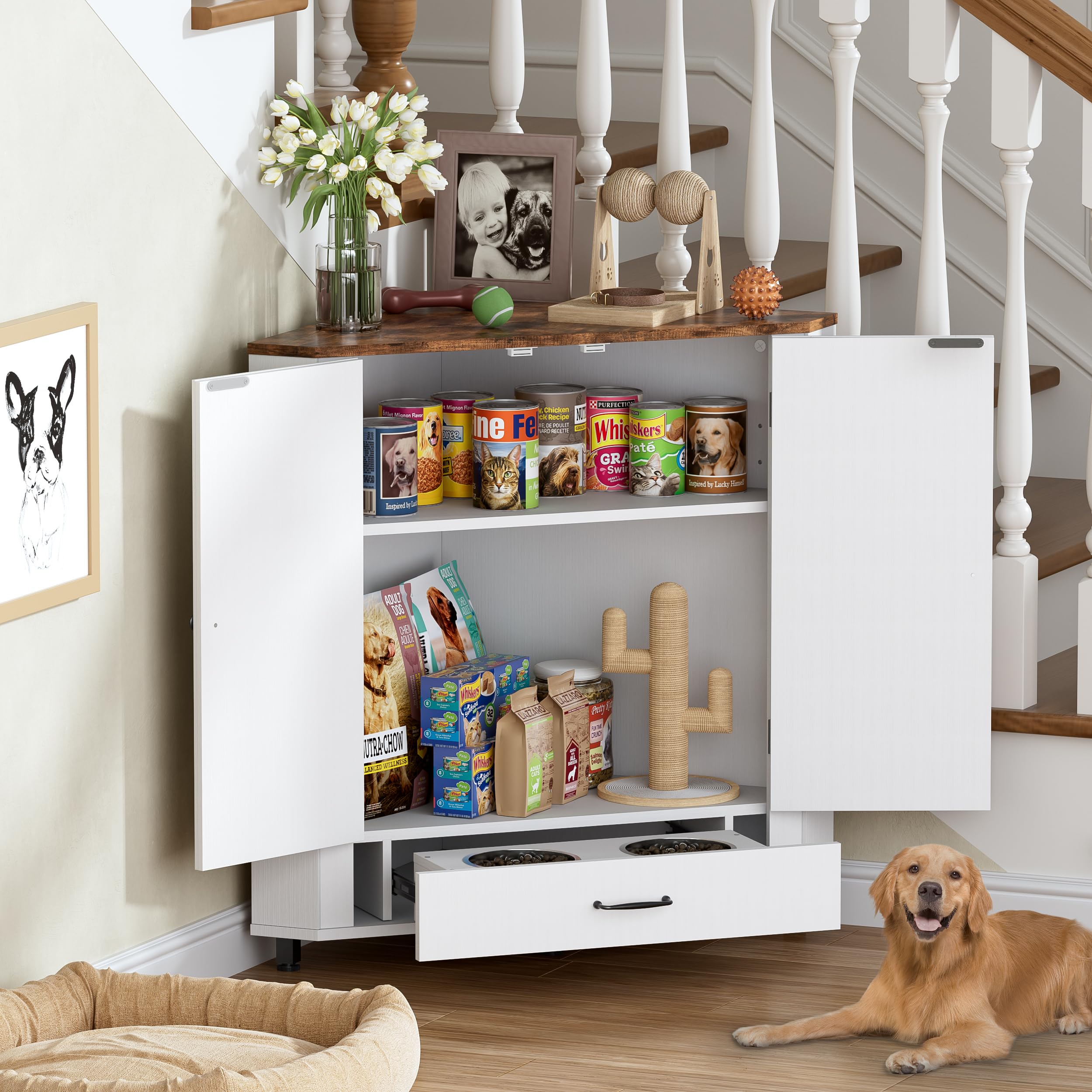 Farmhouse Dog Food Storage Corner Cabinet with Feeding Station