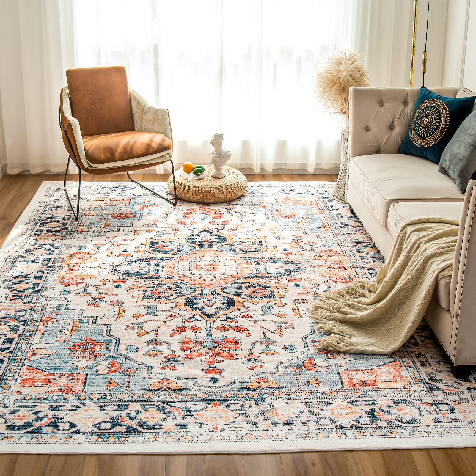 Machine Washable Rug 8'x10' Vintage Design Washable Area Rugs with Non Slip Rugs