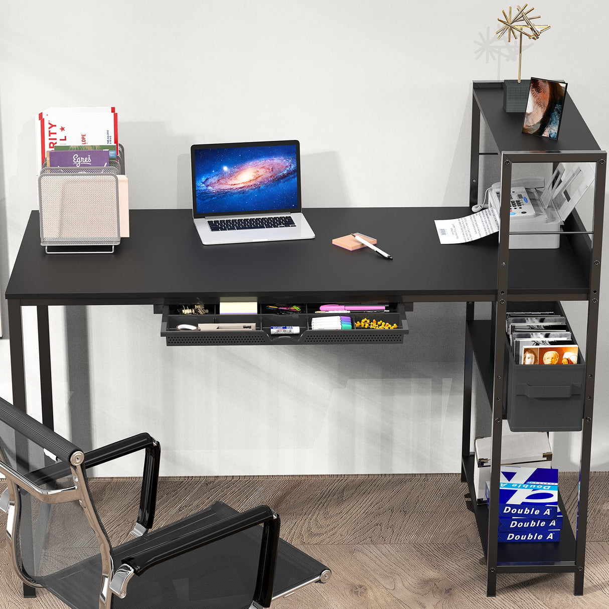 SHW 46-Inch Computer Desk with Adjustable Side Shelf and Drawer, 24" Deep, Black