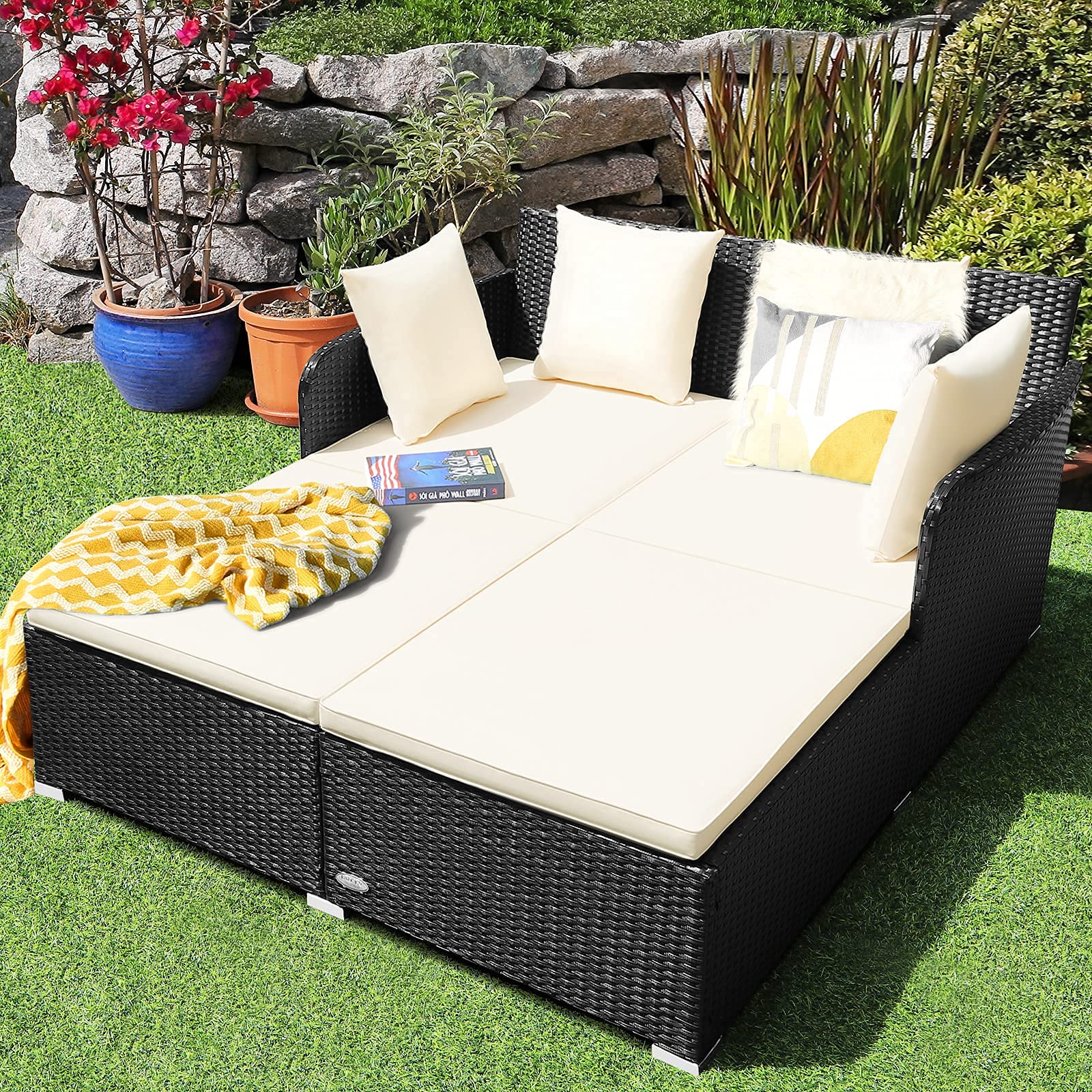 Outdoor Rattan Daybed, Patio Loveseat Sofa Set w/Comfortable Cushions