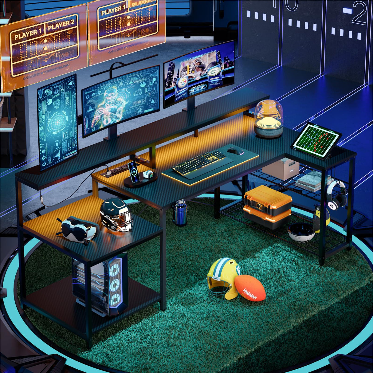 Gaming Desk with Power Outlet, 71.5 inch LED Computer Desk with Monitor Stand