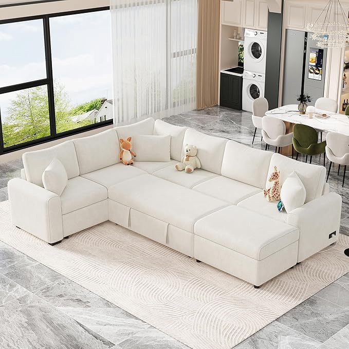 125" Pull Out Sleeper Sofa Bed with 2 Back Pillows,Oversized L-Shaped Sectional