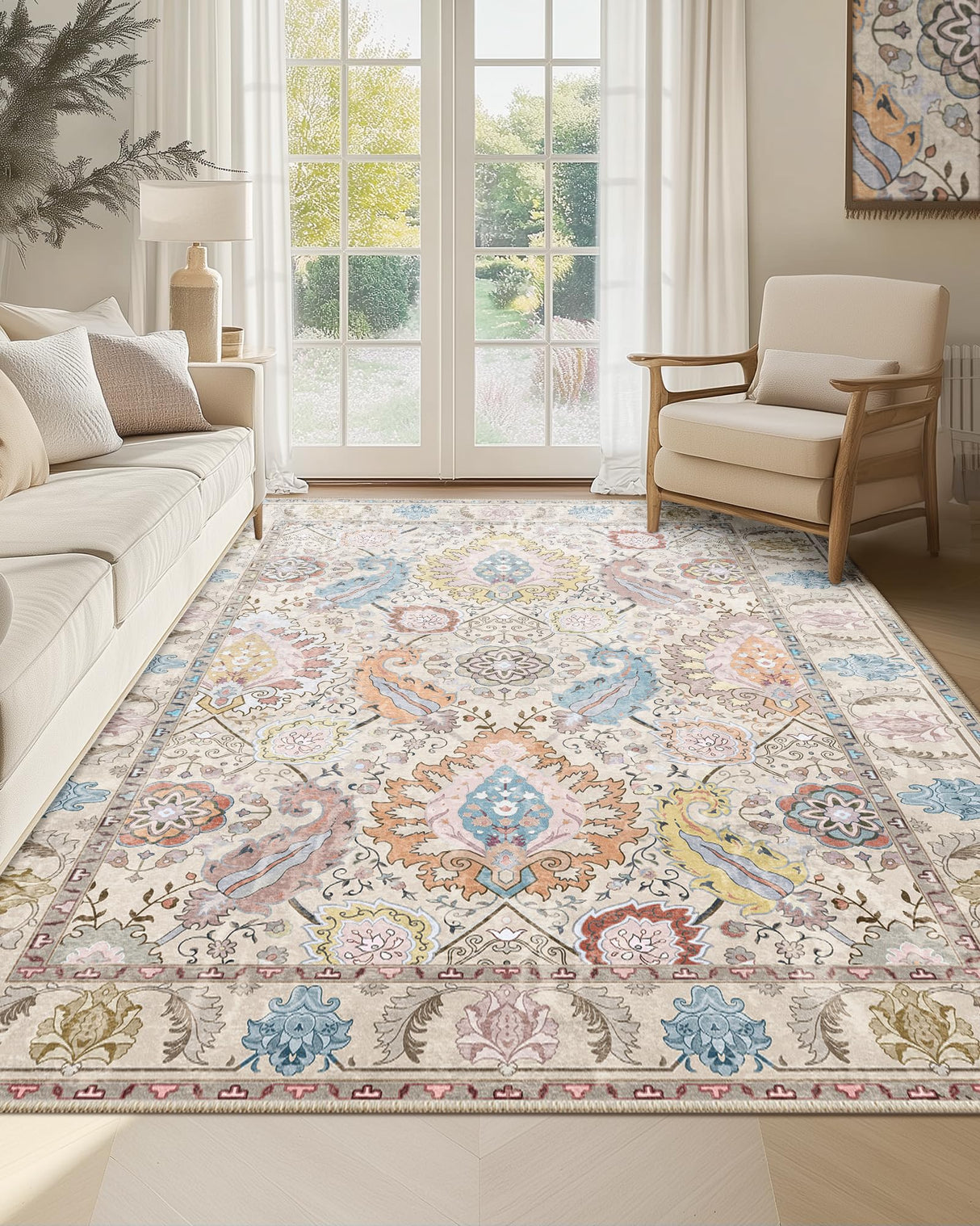 RELEANY Boho 5x7 Area Rugs Washable 5x7 Rug Low Pile Carpet Non-Shedding High Traffic Area Rugs for Living Room Bedroom Kitchen Dining Room Entrance Indoor-Cream/Multi