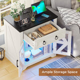 End Table Set 2 with LED Lights, 23.6" Large Farmhouse End Table with Charging Station