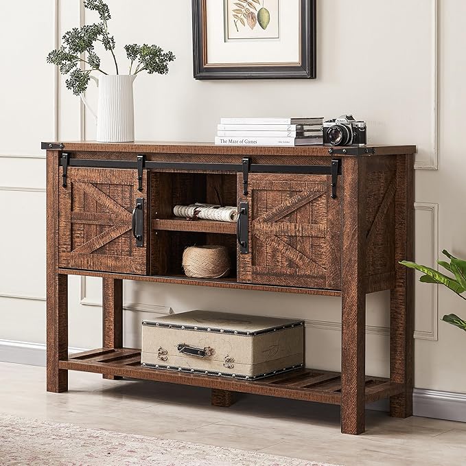 Entryway Table with Sliding Barn Doors, 46" Farmhouse Console Table with Storage Shelf