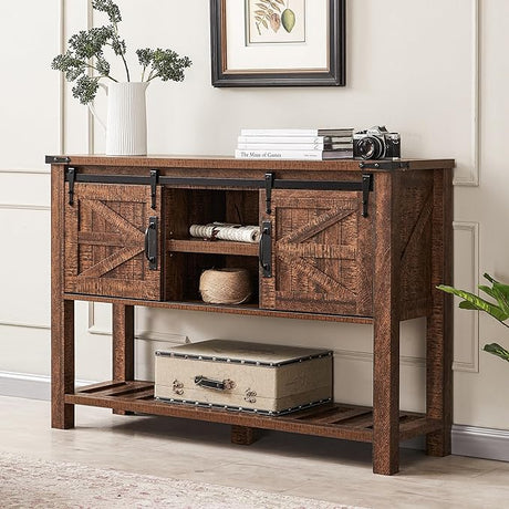 Entryway Table w/Sliding Barn Doors, 46'' Farmhouse & Industrial Rustic Console Sofa Table