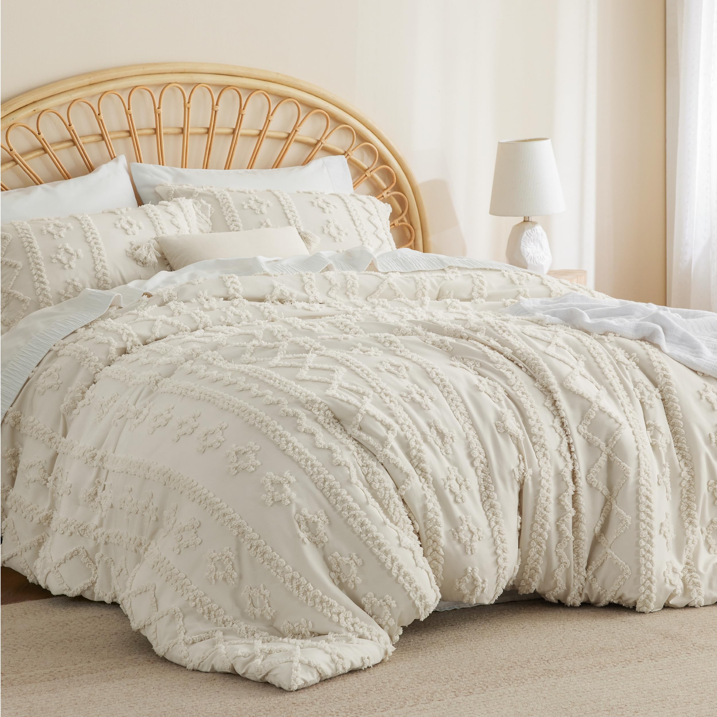 tufted Boho Comforter Set California King - Beige Boho Bedding Comforter Set, 3 Pieces