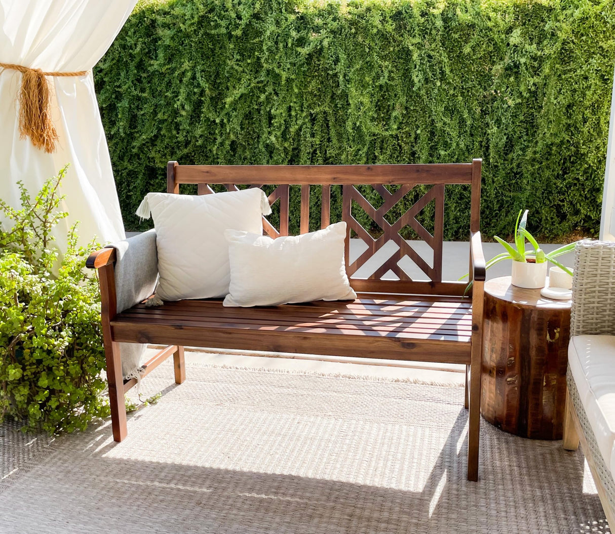Outdoor Acacia Wood Garden Bench with Backrest and Armrest, 2-Person Slatted Seat Bench