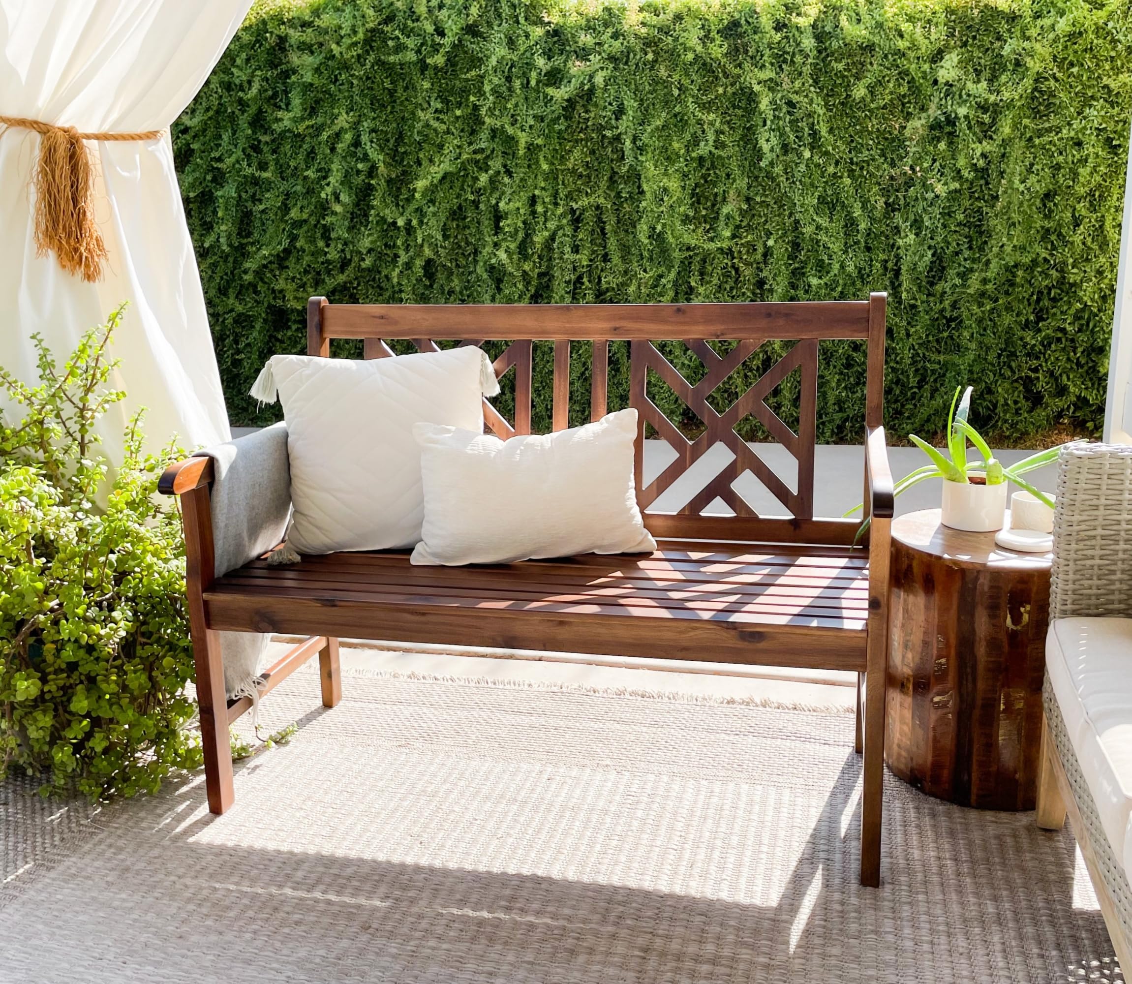 Outdoor Acacia Wood Garden Bench with Backrest and Armrest, 2-Person Slatted Seat Bench