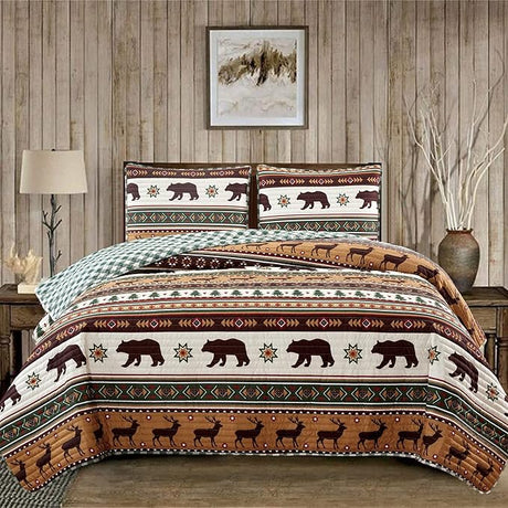 3 Piece Reversible Quilt Set with Sham | Queen Cabin Comforter Set | Rustic Bear Buffalo