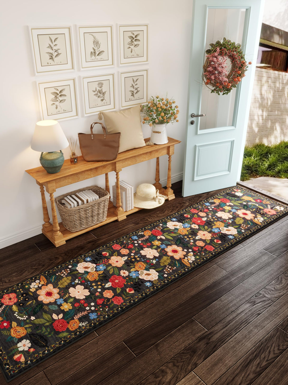 Rugcomf Runners for Hallways Kitchen Runner Rug Non Slip 2'x 10' Long Washable Runner Rugs with Rubber Backing Soft Floral Carpet Runner for Hallways, Kitchen, Laundry, Bedroom, Bathroom(Black)