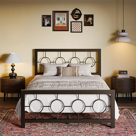 King Size Metal Bed Frame with Vintage Circular Design Headboard and Footboard