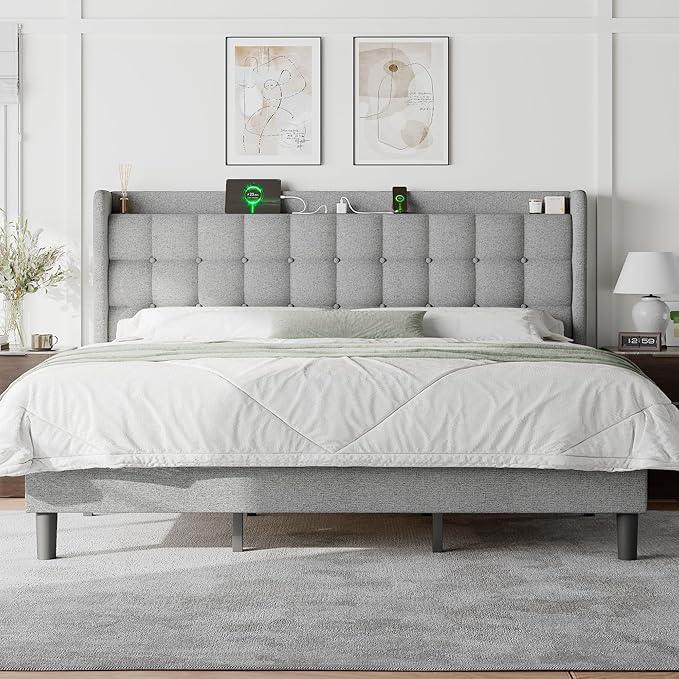 Feonase Full Size Bed Frame with Charging Station, Upholstered Platform Bed Frame with Storage Wingback Headboard, No Box Spring Needed, Easy Assembly, Beige