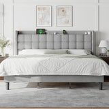 Feonase Full Size Bed Frame with Charging Station, Upholstered Platform Bed Frame with Storage Wingback Headboard, No Box Spring Needed, Easy Assembly, Beige