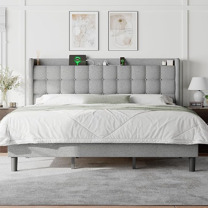 Queen Bed Frame with Charging Station, Upholstered Platform Bed Frame with Wingback