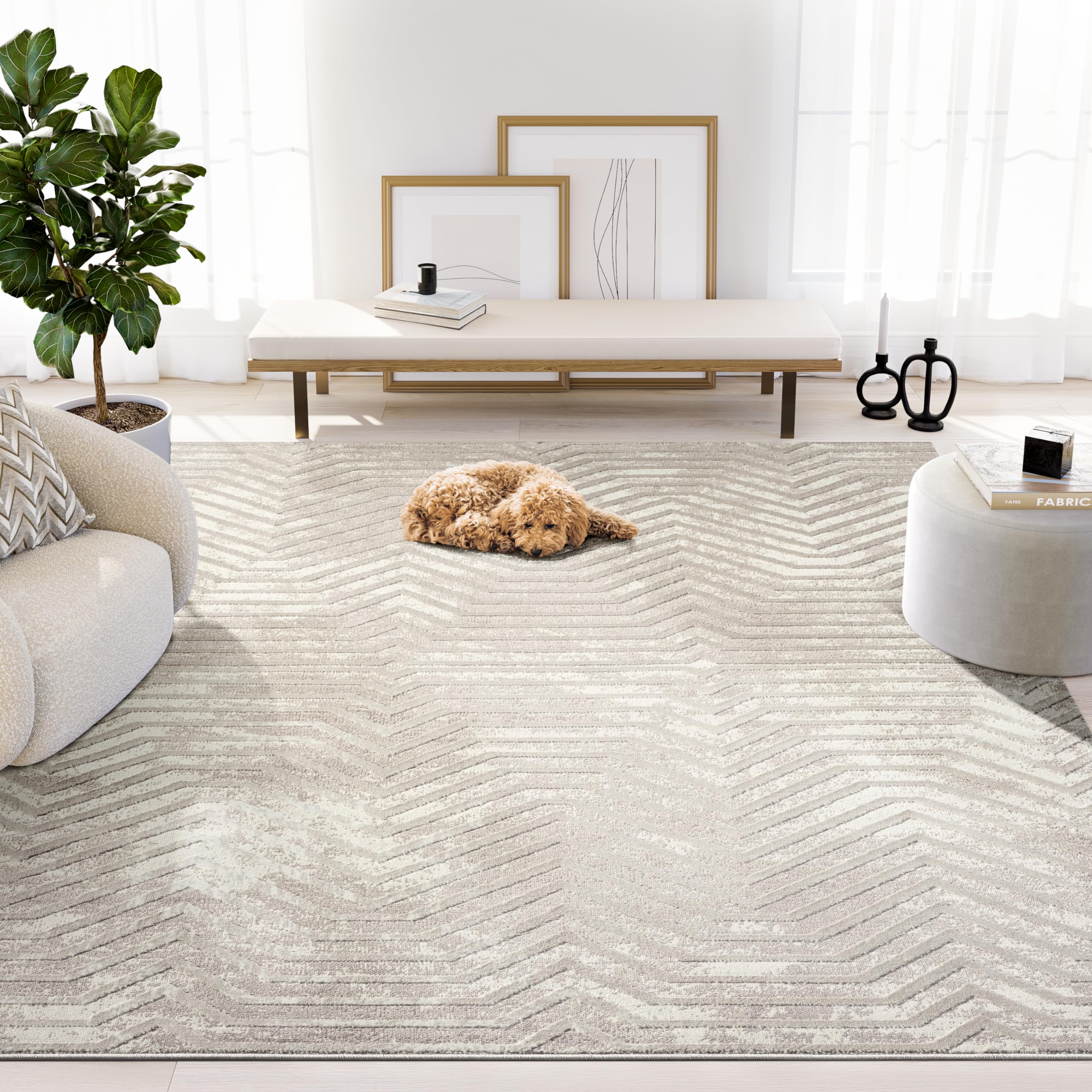 Abani Terra Cream 8' x 10' Area Rug for Living Room, Bedroom - Geometric Lines Pattern - Durable & Easy to Clean