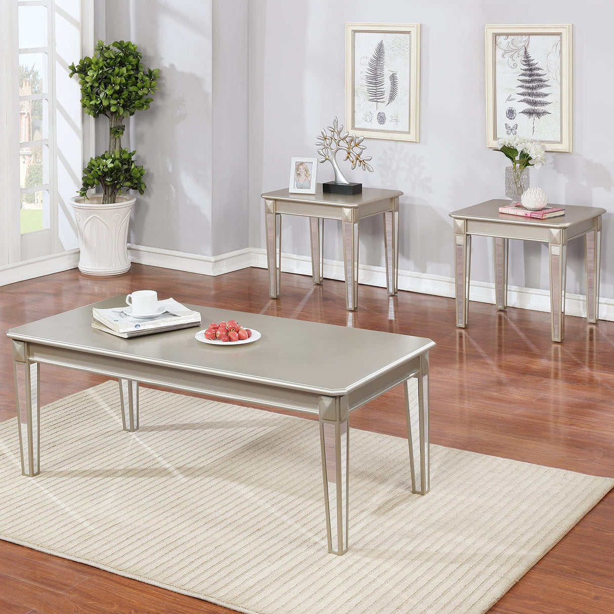 Barent Contemporary Wood 3-Piece Coffee Table Set with Mirrored Legs