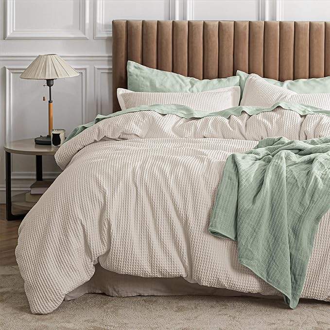 Waffle Comforter Set King, Beige Soft Cotton Bedding, Waffle Weave Bed Set