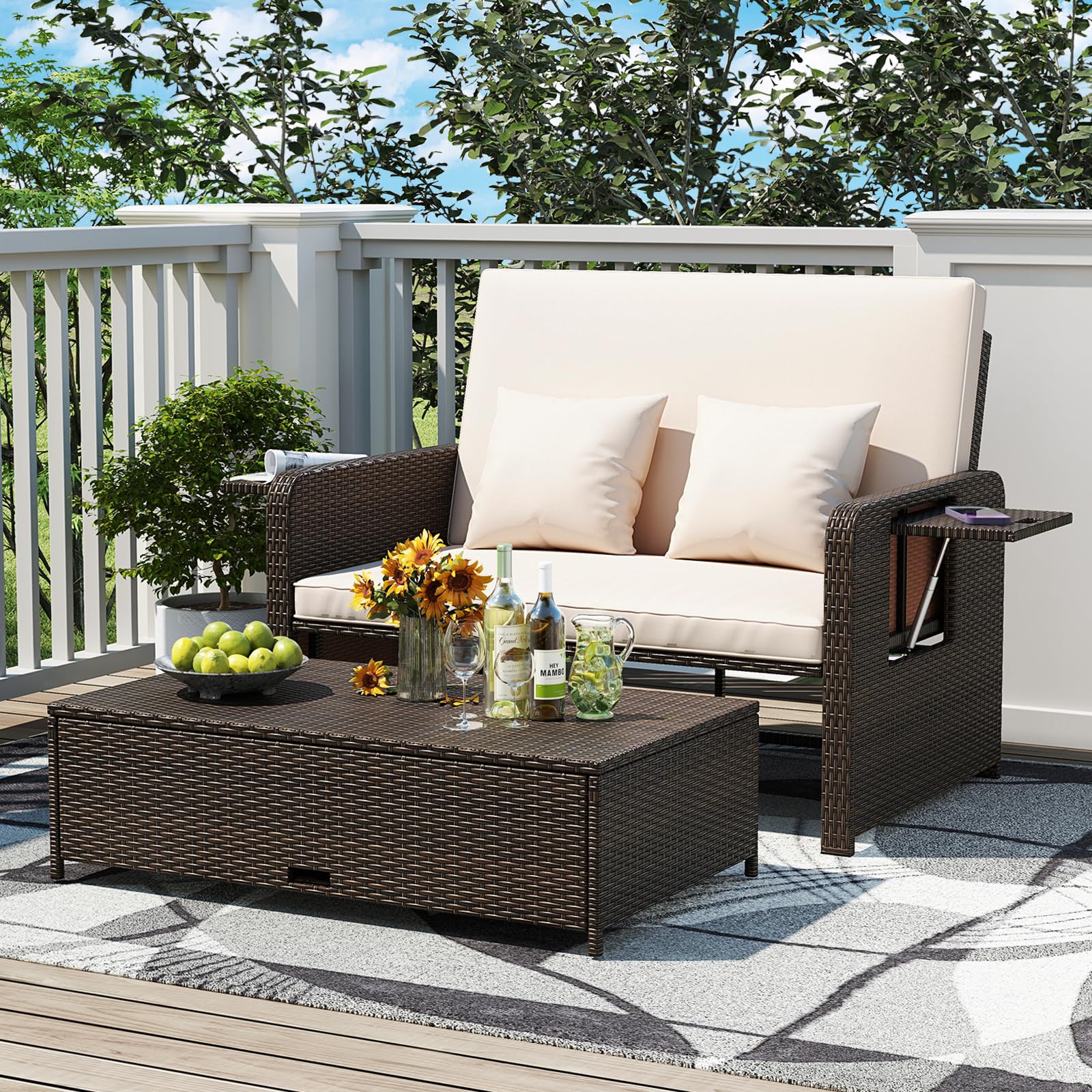 Outdoor Daybed with Storage Ottoman, Wicker Chaise Lounge Chair with Cushions
