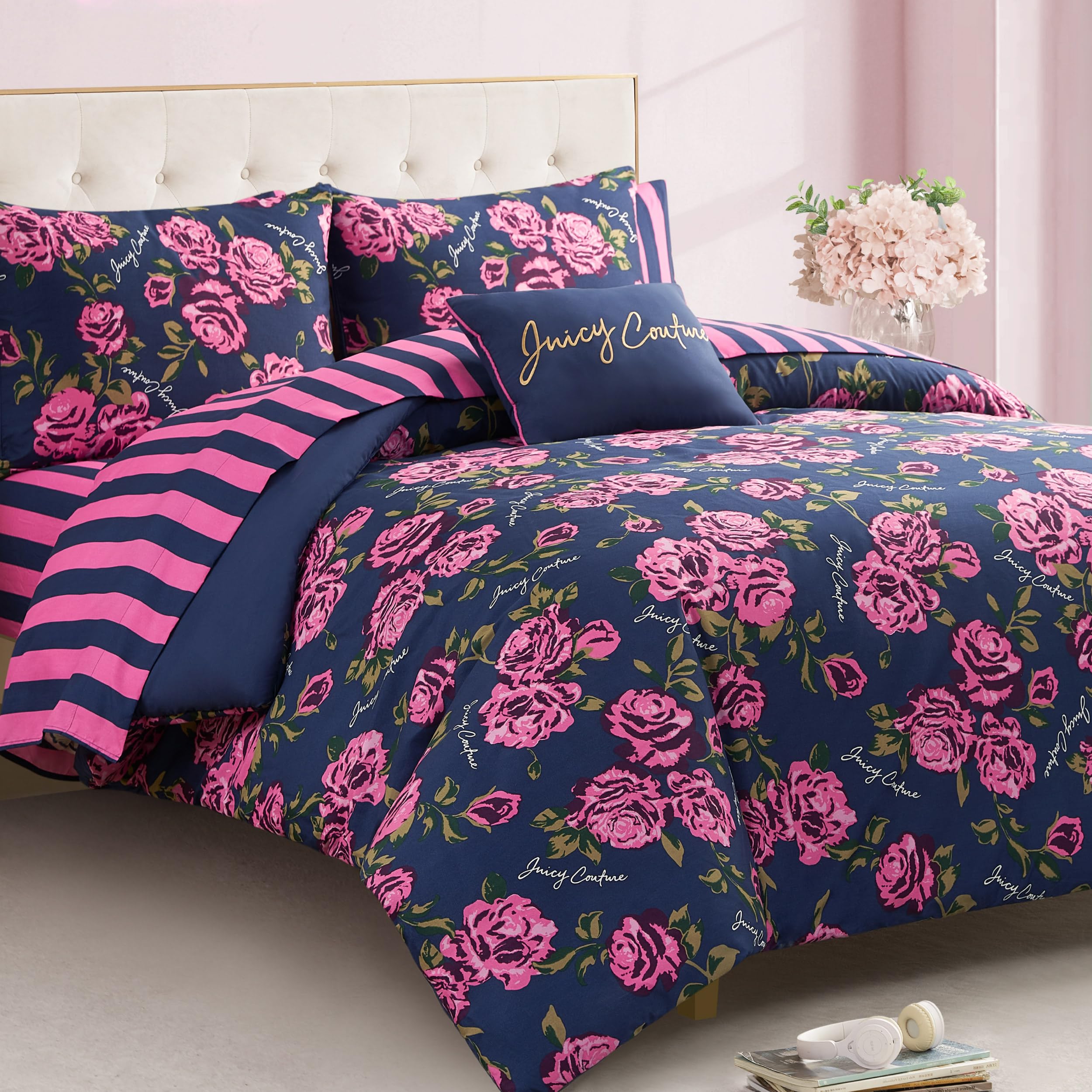 8-Piece Full Comforter Set - Navy & Pink Rose Logo