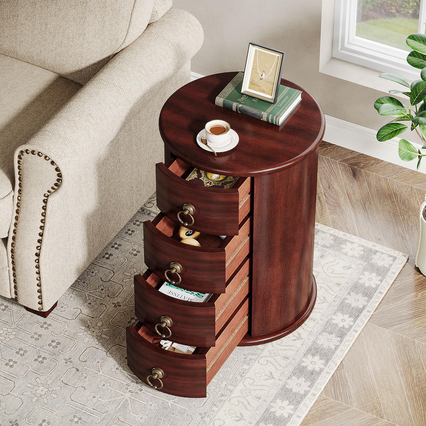 Solid Wood End Table, Round Side Table with 4 Drawers, Vintage Bedside Table