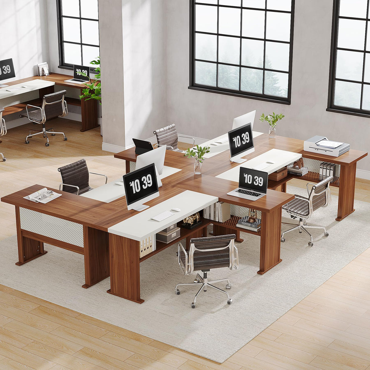 63" L-Shaped Executive Desk, Large Office Desk with Bottom Shelves