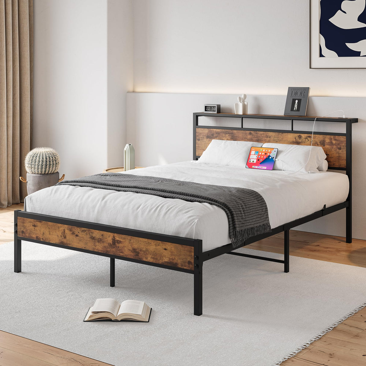 Full Size Bed Frame with Headboard Storage,Wood Bed Frame with Charging Station,