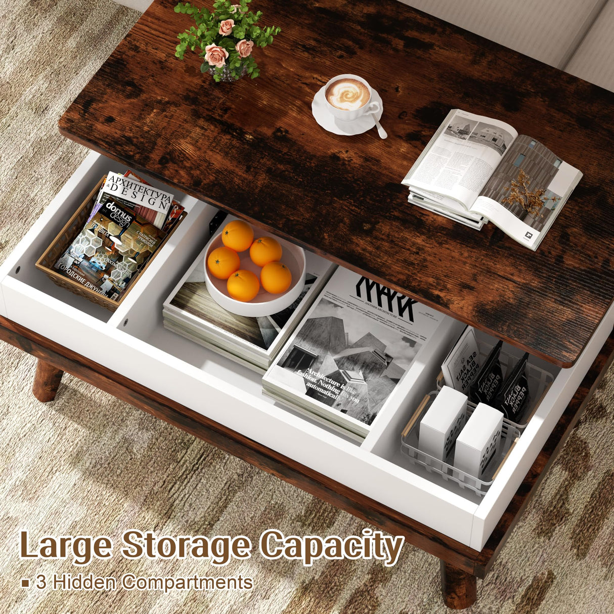 Coffee Table, Lift Top Coffee Table with Hidden Compartment, Rising Tabletop Dining Table