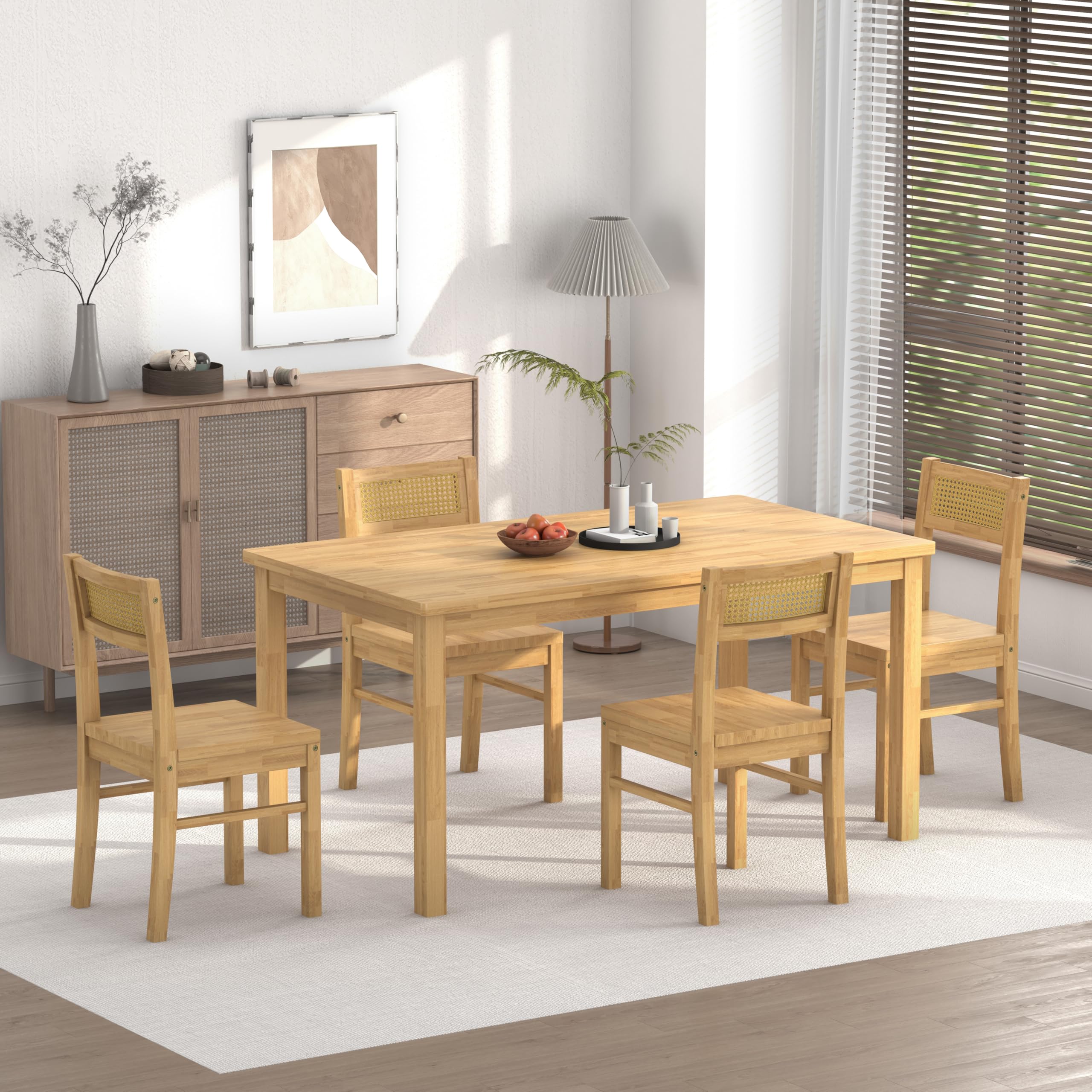 Solid Wood Dining Table Set for 4 with Woven Rattan Chairs