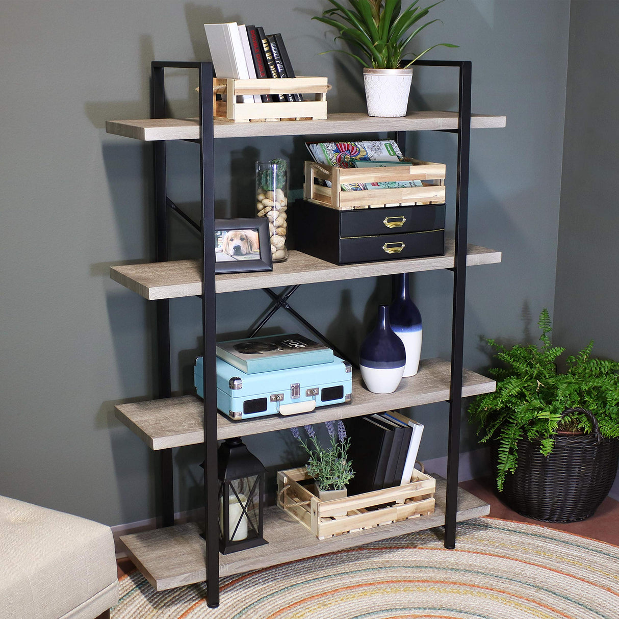 4-Tier Bookshelf - Industrial Style with Freestanding Open Shelves with Veneer Finish