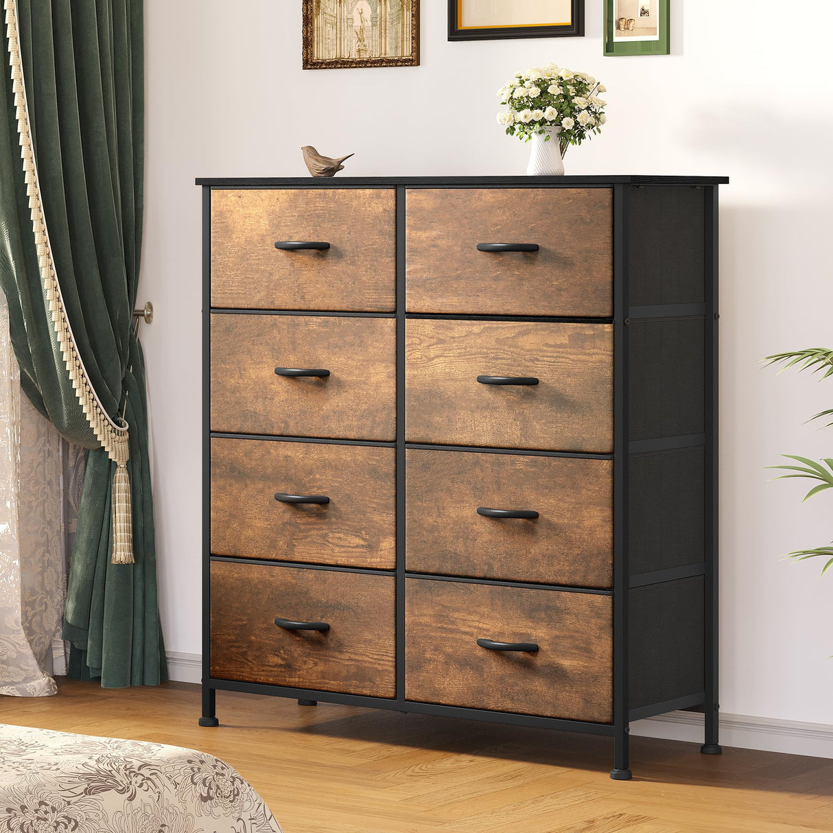 Fabric Dresser for Bedroom, Tall Storage Dresser with 8 Drawers, Rustic Dresser & Chest of Drawers